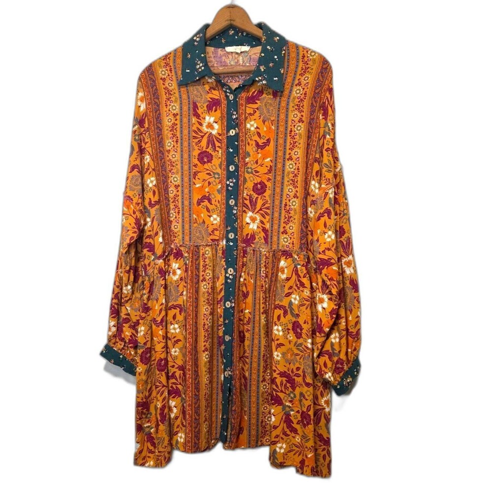Easel Floral Button Tiered Front Dress Puff Sleeves Lagenlook Boho Western Small